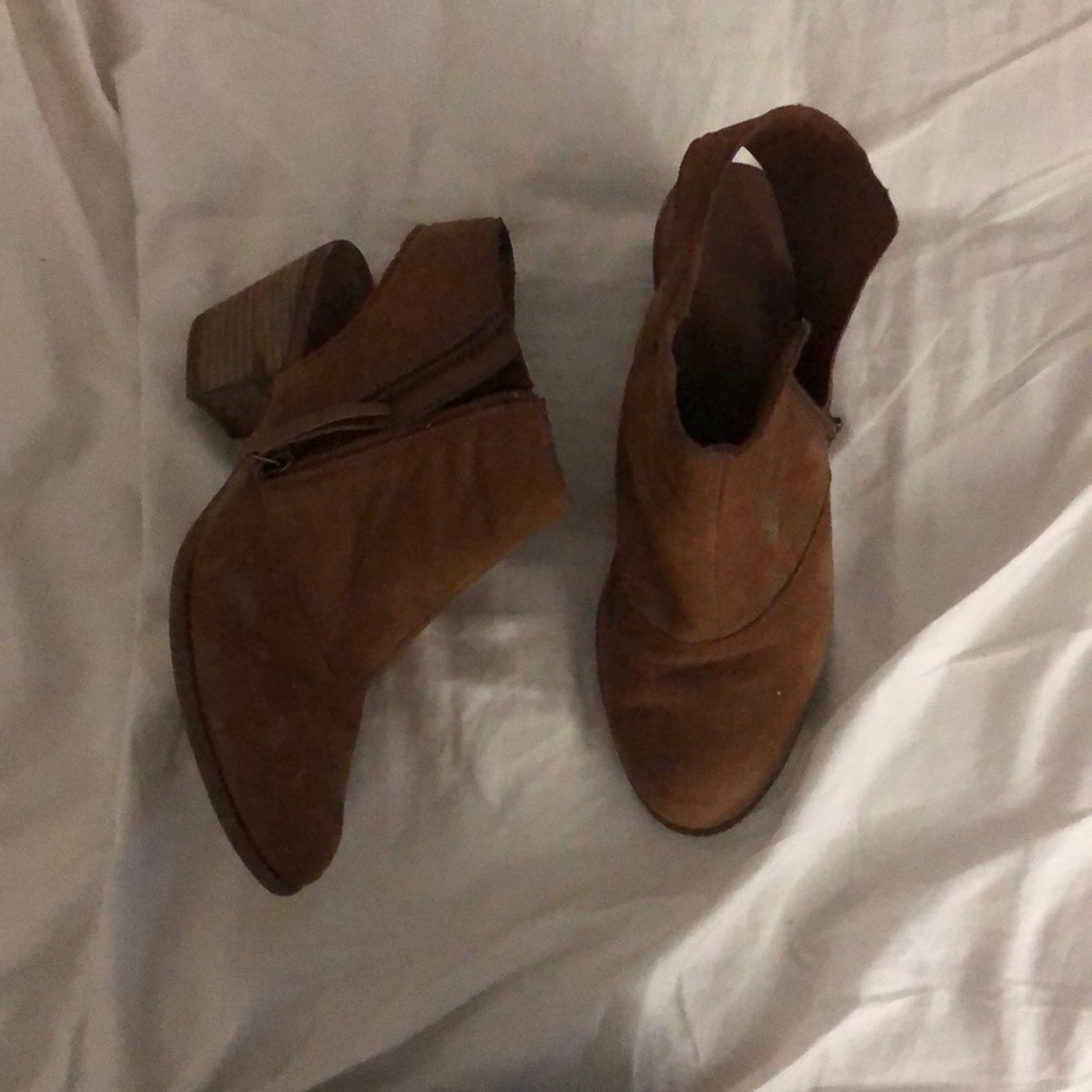 light brown open heel booties
